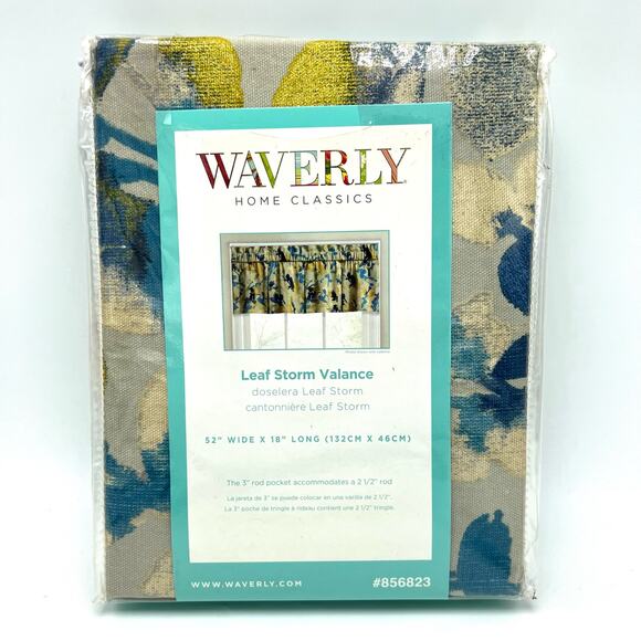 Waverly Leaf Storm Valance 52x18 Indigo Blue Gold Abstract Cotton Rod and Pocket - Picture 2 of 5